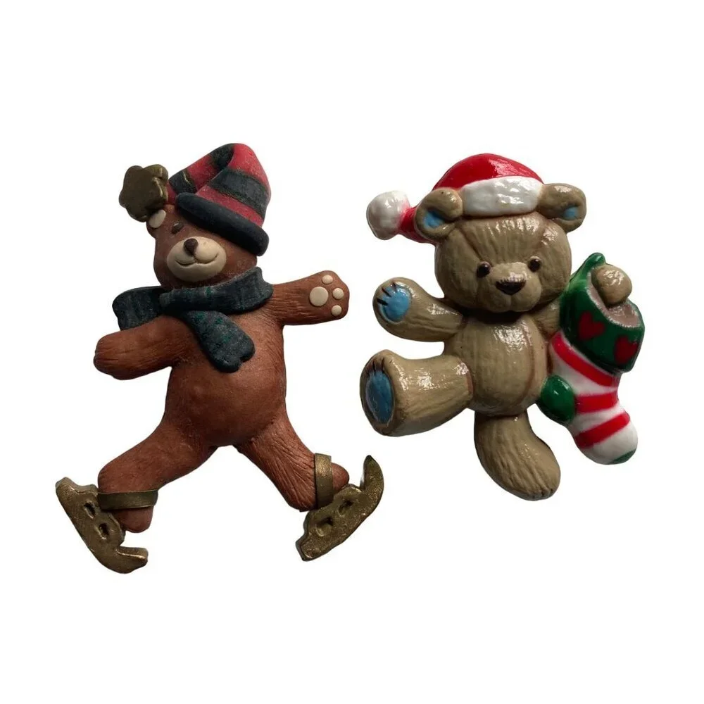 Vintage Teddy Bear Christmas Brooch Pins Lot of 2 Ice Skating Gibson Greetings